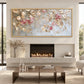 Blush Canopy painting above a modern fireplace and low wooden coffee table.