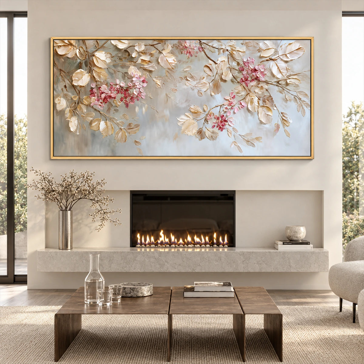 Blush Canopy painting above a modern fireplace and low wooden coffee table.