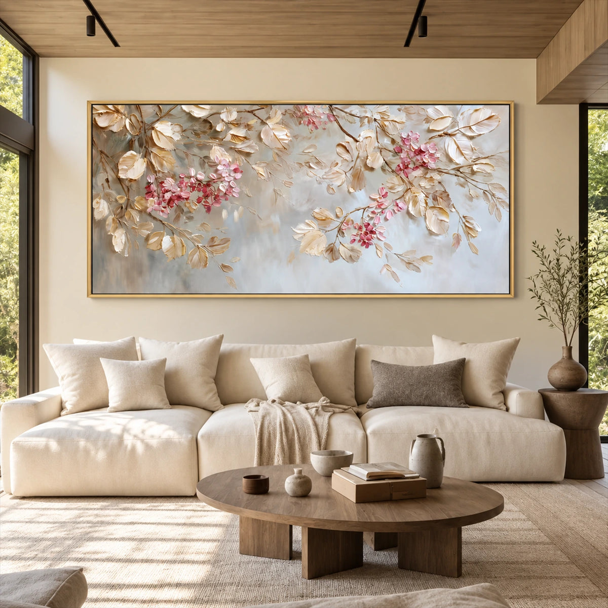 Blush Canopy painting above a wide ivory sectional in a sunlit room.