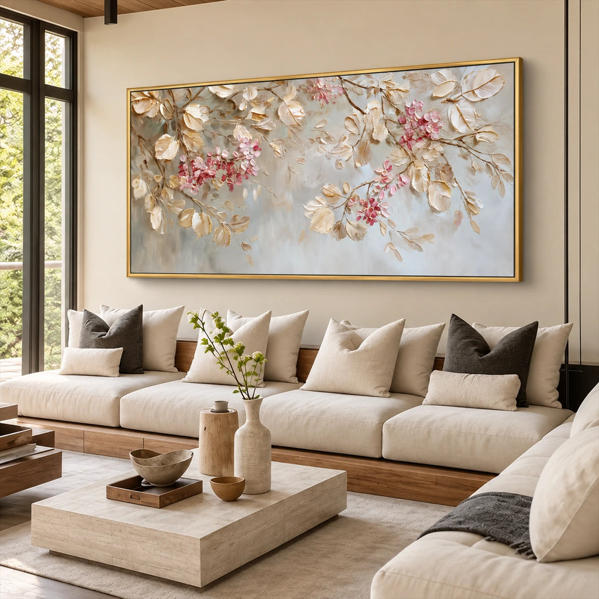 Blush Canopy painting above a cream sectional beside tall windows.