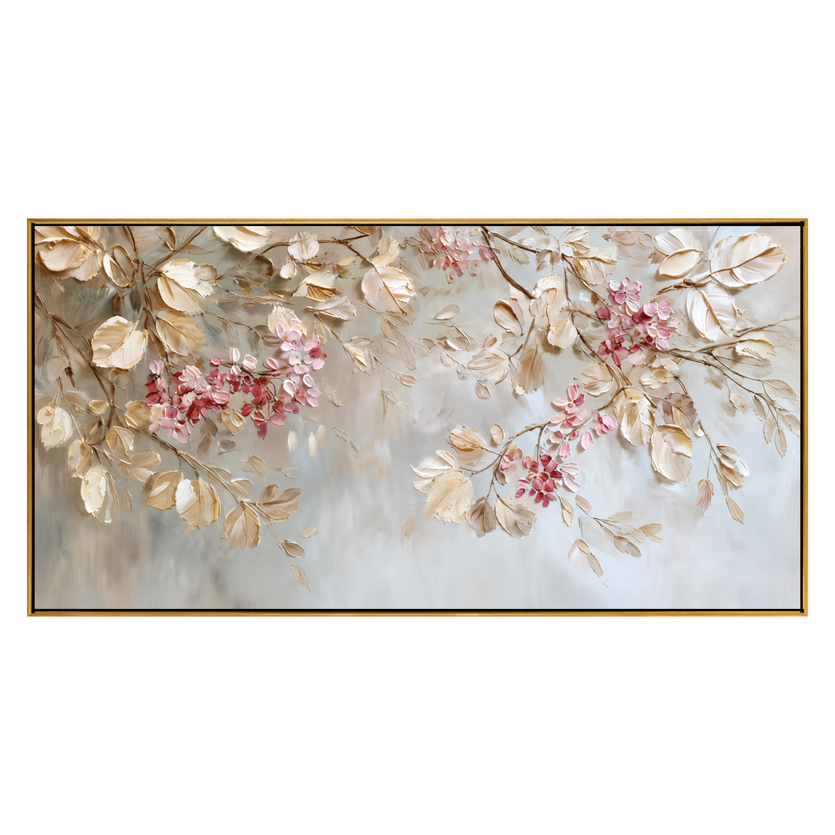 Blush Canopy panoramic artwork in a natural wood frame on a transparent background.