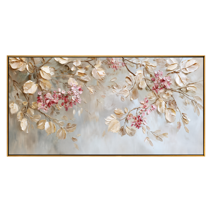 Blush Canopy panoramic artwork in a natural wood frame on a transparent background.