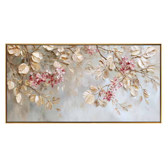 Blush Canopy panoramic artwork in a natural wood frame on a transparent background.