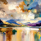 Snowy peaks rise beyond a calm lake, where cloud-filled skies and broken bands of blue, ochre, violet and white dissolve into the reflection below. Full 2:1 artwork without a frame.