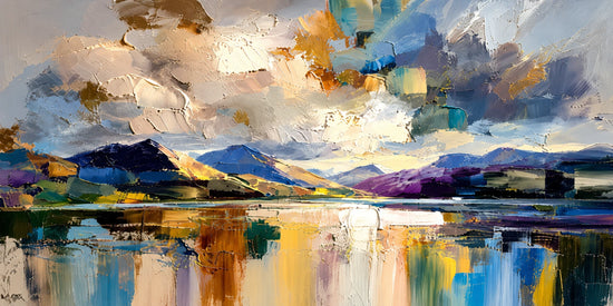 Snowy peaks rise beyond a calm lake, where cloud-filled skies and broken bands of blue, ochre, violet and white dissolve into the reflection below. Full 2:1 artwork without a frame.