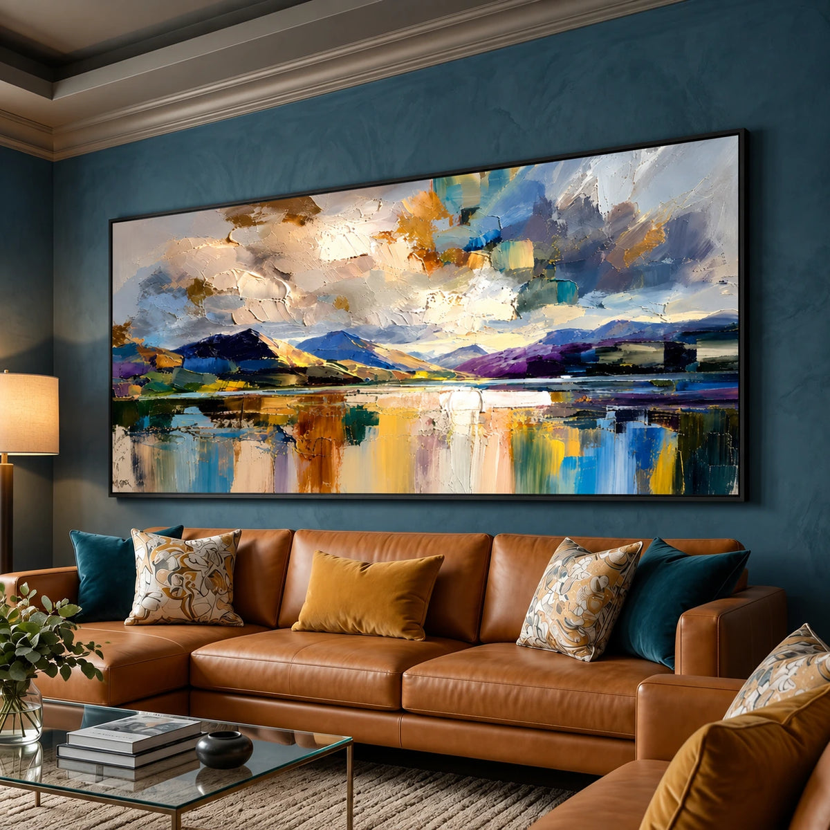 Alpine Reflection painting above a caramel sofa with teal and ochre cushions.
