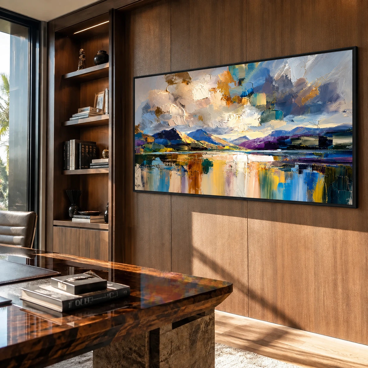 Alpine Reflection painting above a wood desk and console beside built-in shelving.