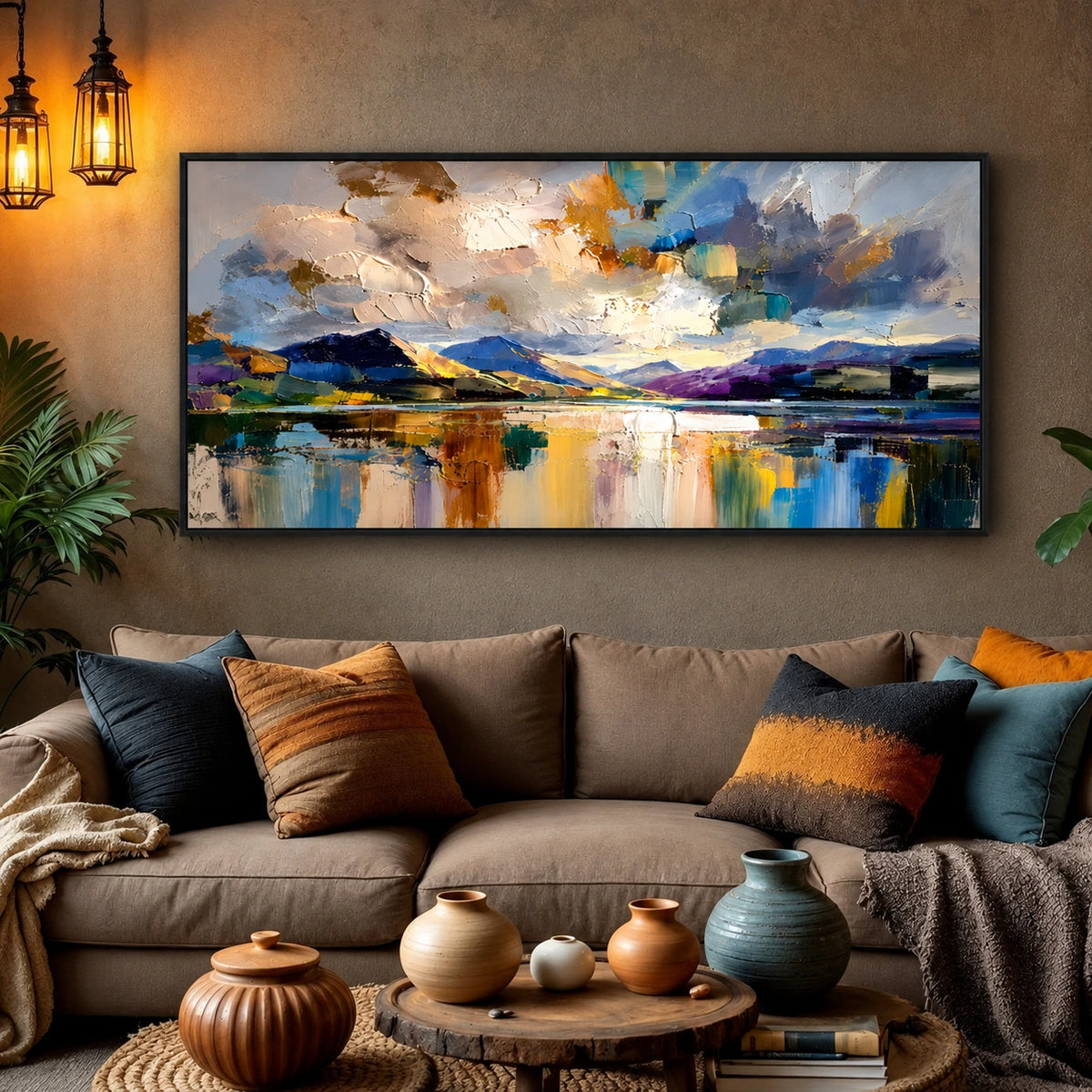 Alpine Reflection painting above a deep sofa with warm lantern light.