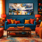 Alpine Reflection painting above a charcoal sectional and low black tables.