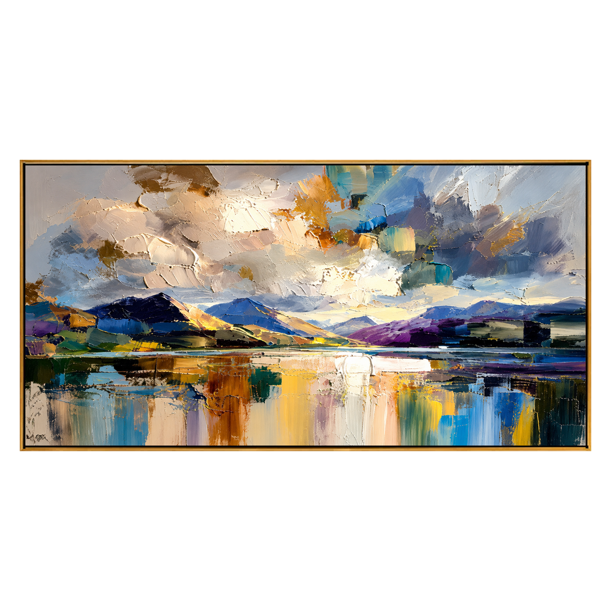 Alpine Reflection panoramic artwork in a natural wood frame on a transparent background.
