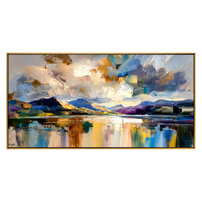Alpine Reflection panoramic artwork in a natural wood frame on a transparent background.