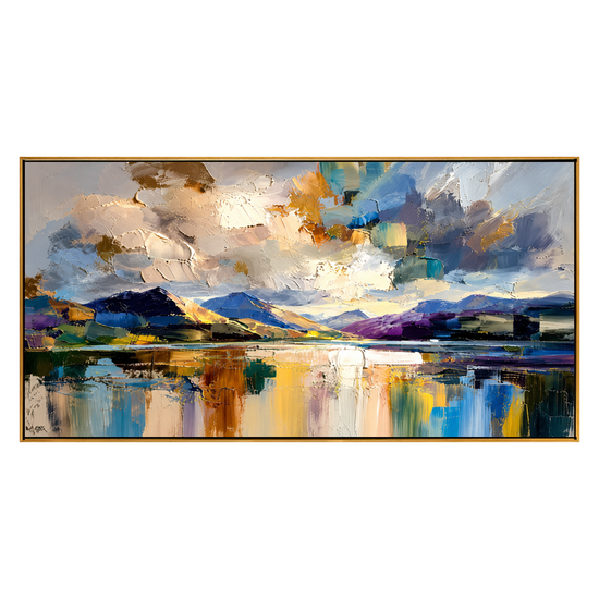 Alpine Reflection panoramic artwork in a natural wood frame on a transparent background.