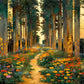A golden path winds between tall woodland trunks, leading toward a softly lit opening in the distance. Full 2:1 artwork without a frame.