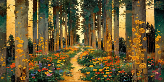 A golden path winds between tall woodland trunks, leading toward a softly lit opening in the distance. Full 2:1 artwork without a frame.