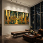 Golden Woodland painting above a long leather bench beside low wooden tables.