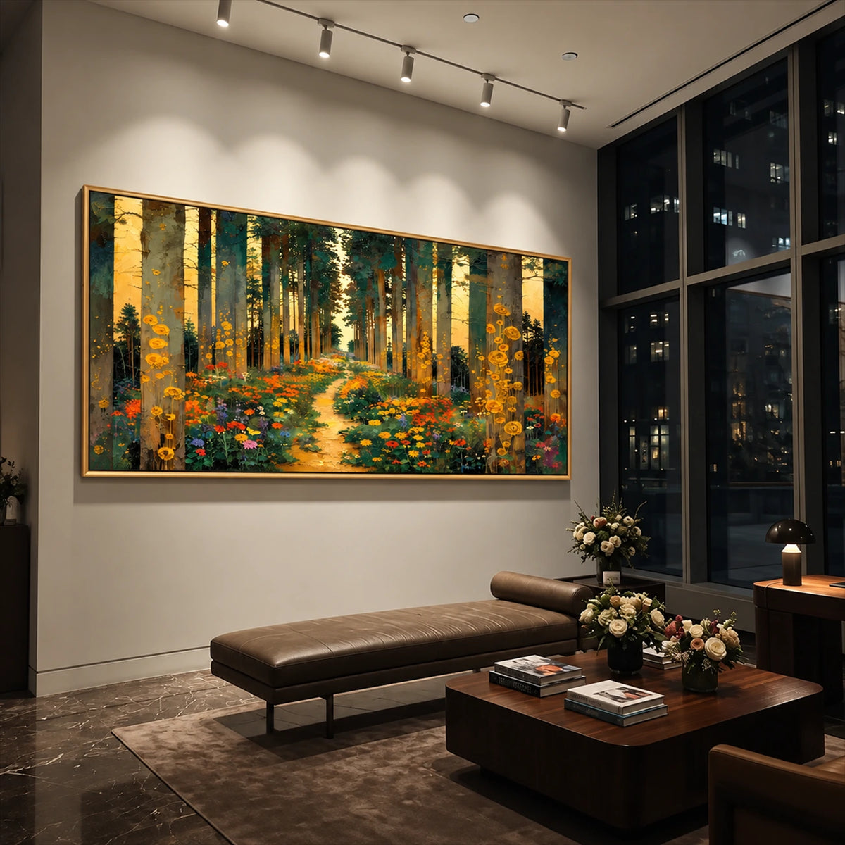 Golden Woodland painting above a long leather bench beside low wooden tables.