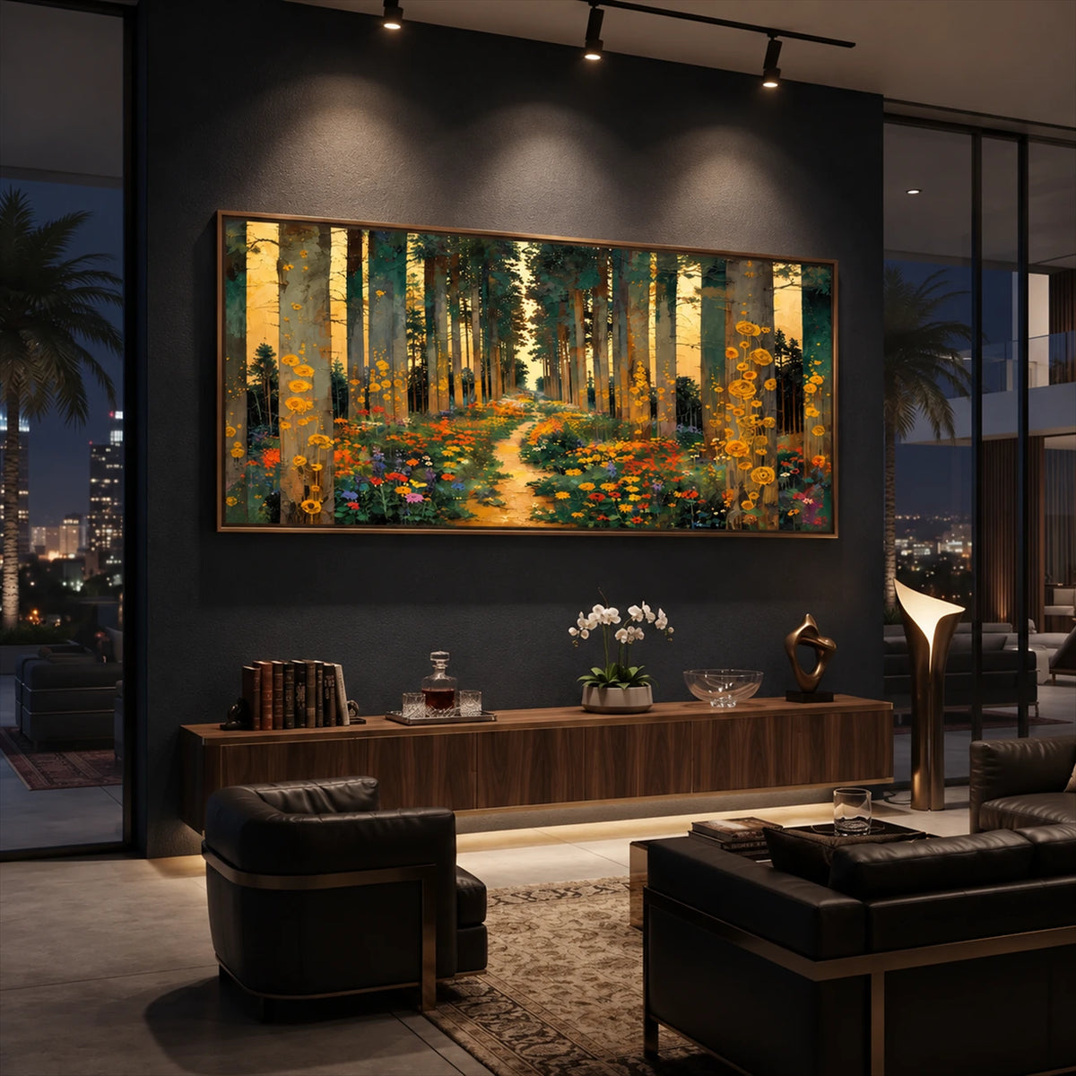 Golden Woodland painting above a wooden console in a dark paneled lounge.