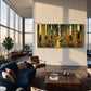 Golden Woodland painting above a blue sofa beside tall sunlit windows.