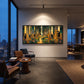 Golden Woodland painting on a softly lit living room wall beside evening windows.