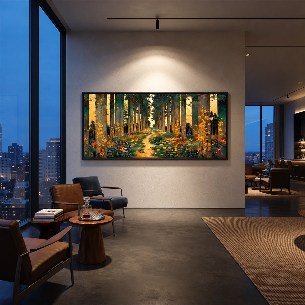 Golden Woodland painting on a softly lit living room wall beside evening windows.