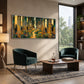 Golden Woodland painting above two green lounge chairs and a wooden coffee table.