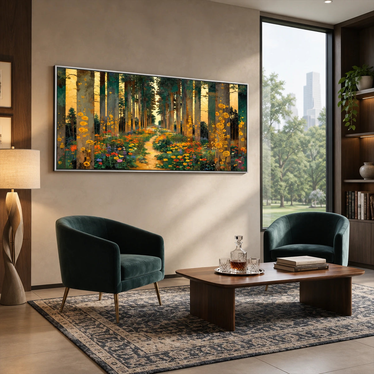 Golden Woodland painting above two green lounge chairs and a wooden coffee table.