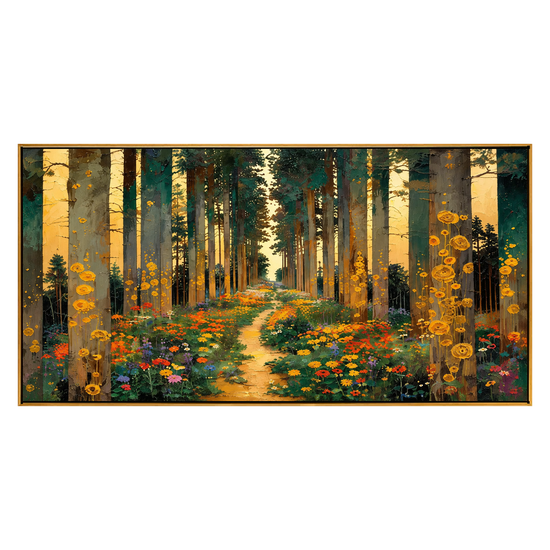 Golden Woodland panoramic artwork in a natural wood frame on a transparent background.