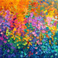Clusters of pink, violet and turquoise blossoms tumble beneath a bright canopy of orange and yellow. Full 2:1 artwork without a frame.