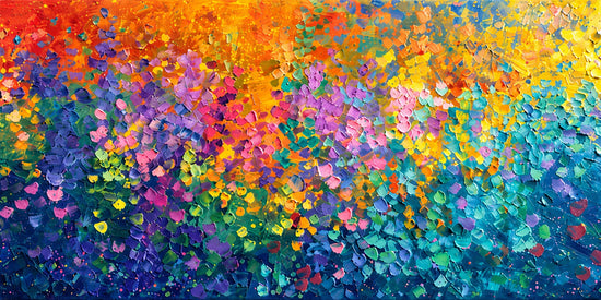 Clusters of pink, violet and turquoise blossoms tumble beneath a bright canopy of orange and yellow. Full 2:1 artwork without a frame.