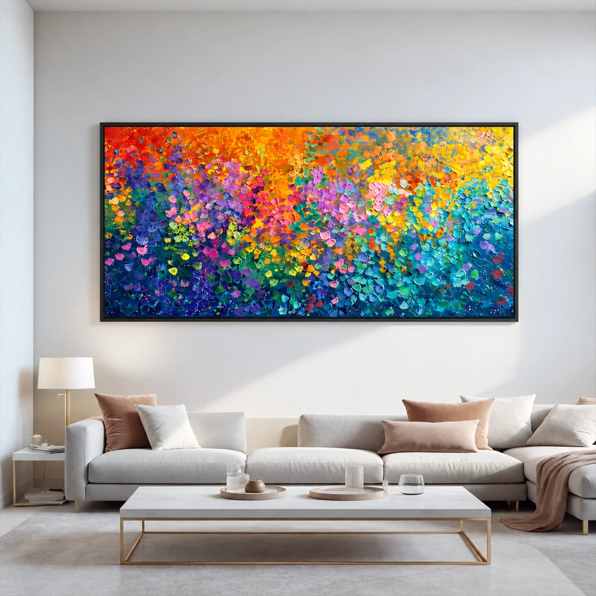 Chromatic Blossoms painting above a pale sectional and a low white coffee table.