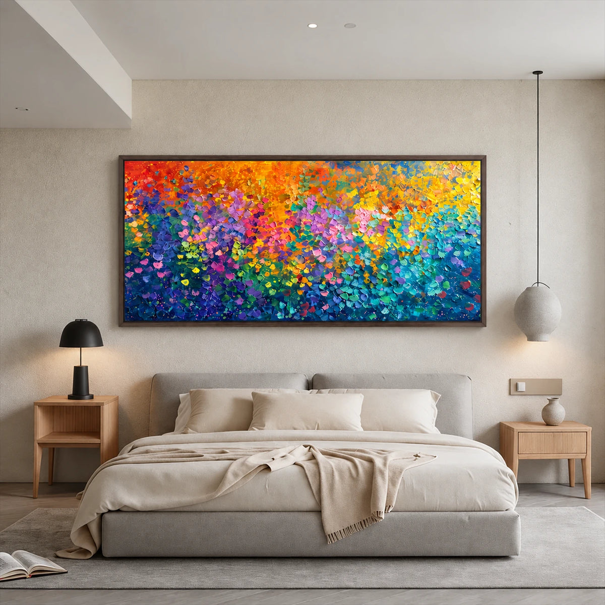 Chromatic Blossoms painting above a neutral bed between pendant lights.
