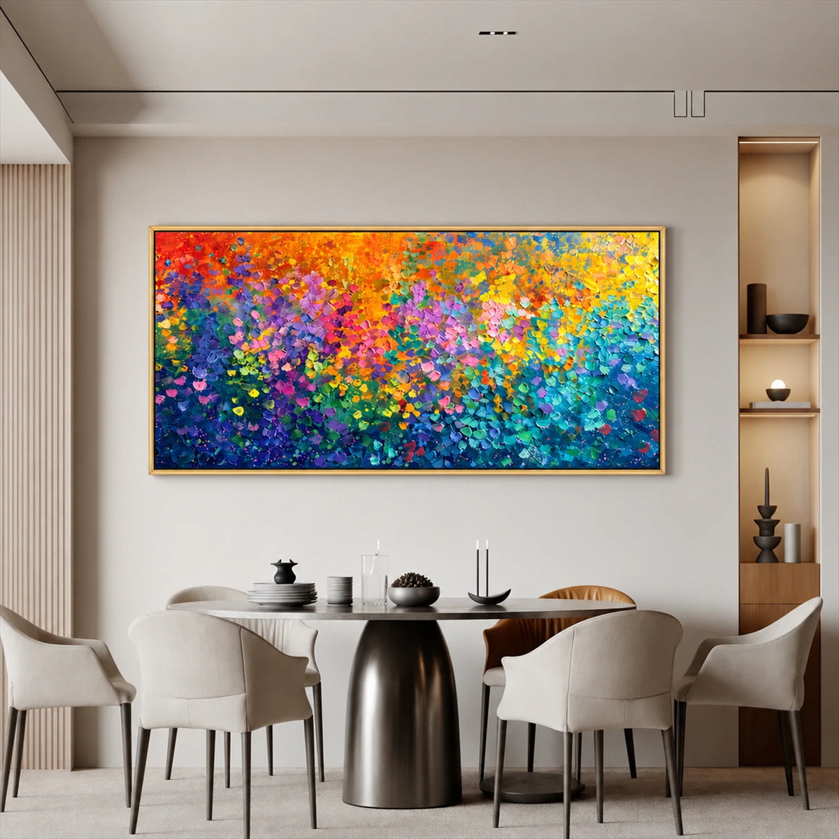 Chromatic Blossoms painting above a round dining table and cream chairs.