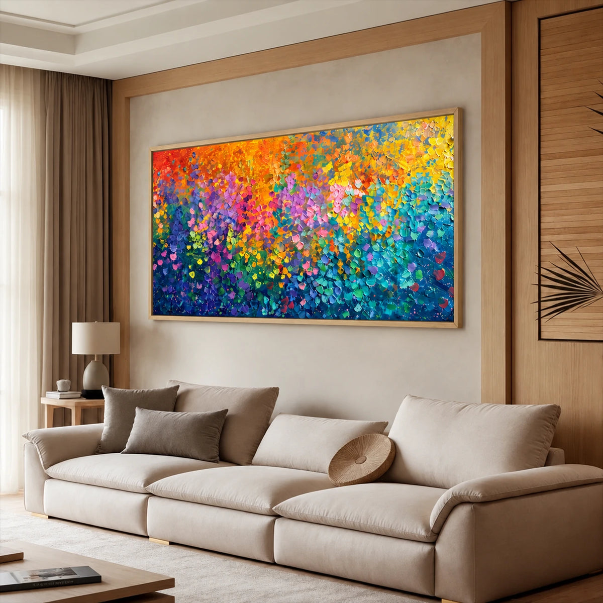 Chromatic Blossoms painting above a beige sofa beside warm wooden paneling.