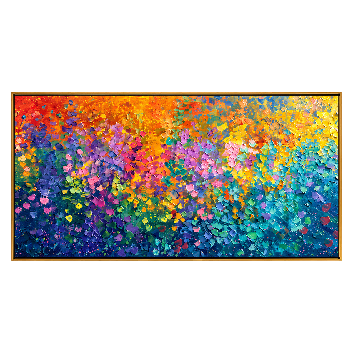 Chromatic Blossoms panoramic artwork in a natural wood frame on a transparent background.