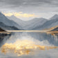 A still mountain lake mirrors a pale break of golden light beneath a clouded sky. Full 2:1 artwork without a frame.