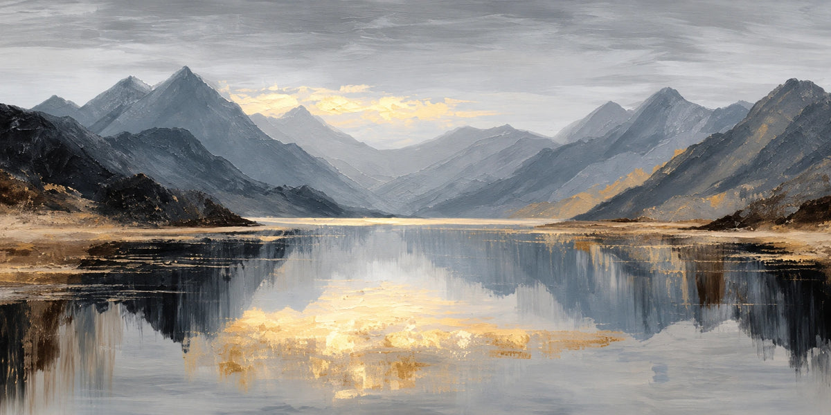 A still mountain lake mirrors a pale break of golden light beneath a clouded sky. Full 2:1 artwork without a frame.