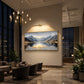 Mountain Stillness painting above lounge seating in a softly lit tall interior.