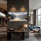 Mountain Stillness painting on a tall dark wall above a console in an open living room.