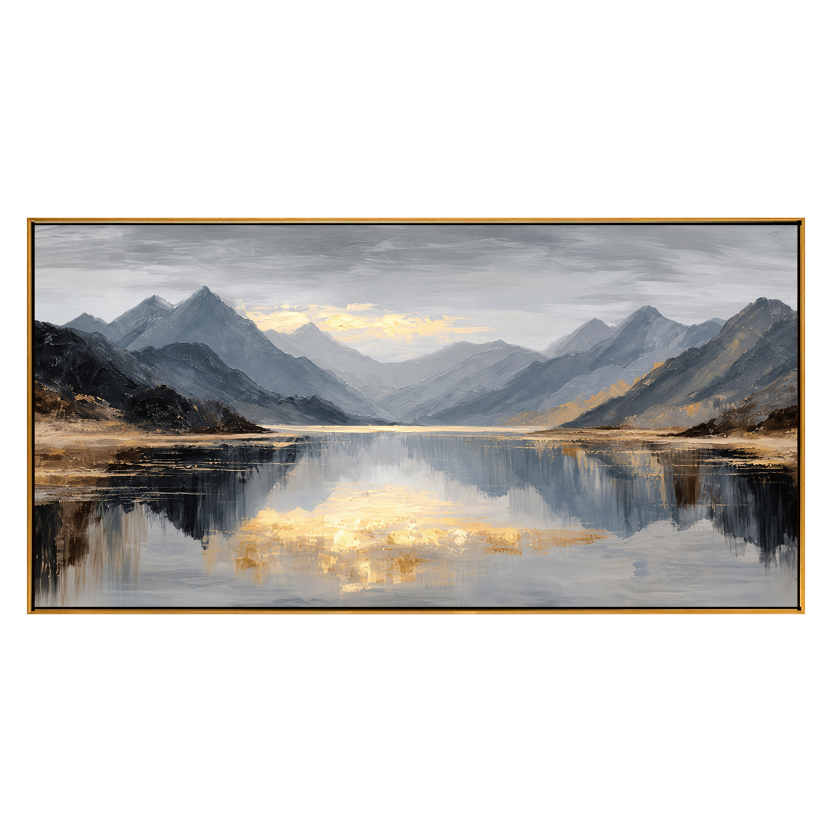 Mountain Stillness panoramic artwork in a natural wood frame on a transparent background.