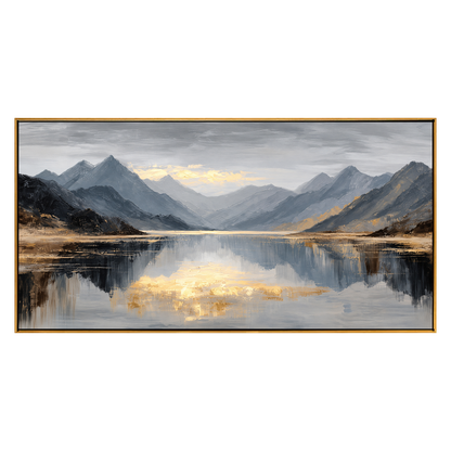 Mountain Stillness panoramic artwork in a natural wood frame on a transparent background.