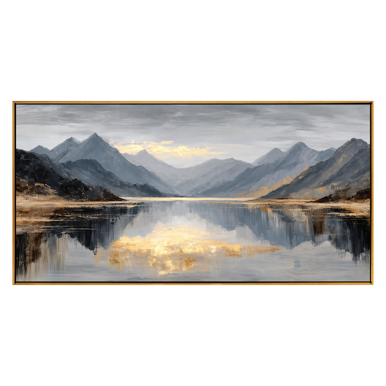 Mountain Stillness panoramic artwork in a natural wood frame on a transparent background.