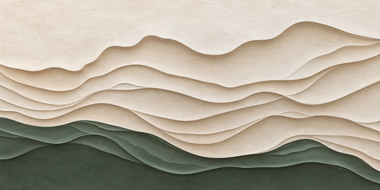 Soft ivory contours drift across a pale field before descending into layers of muted sage and deep green. Full 2:1 artwork without a frame.