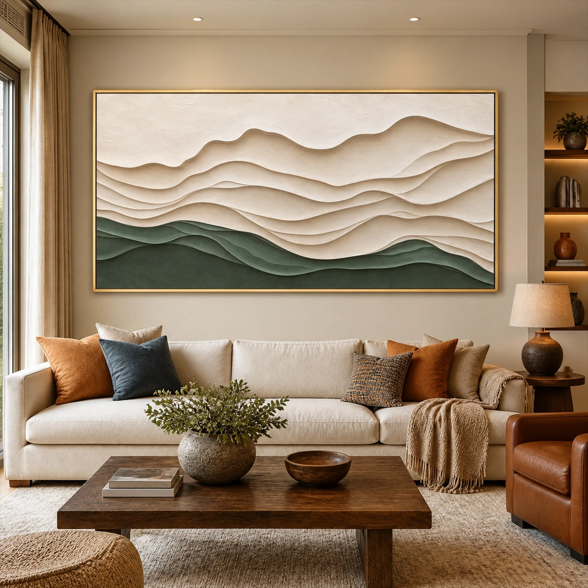 Sage Contours painting above a cream sofa and wooden coffee table.