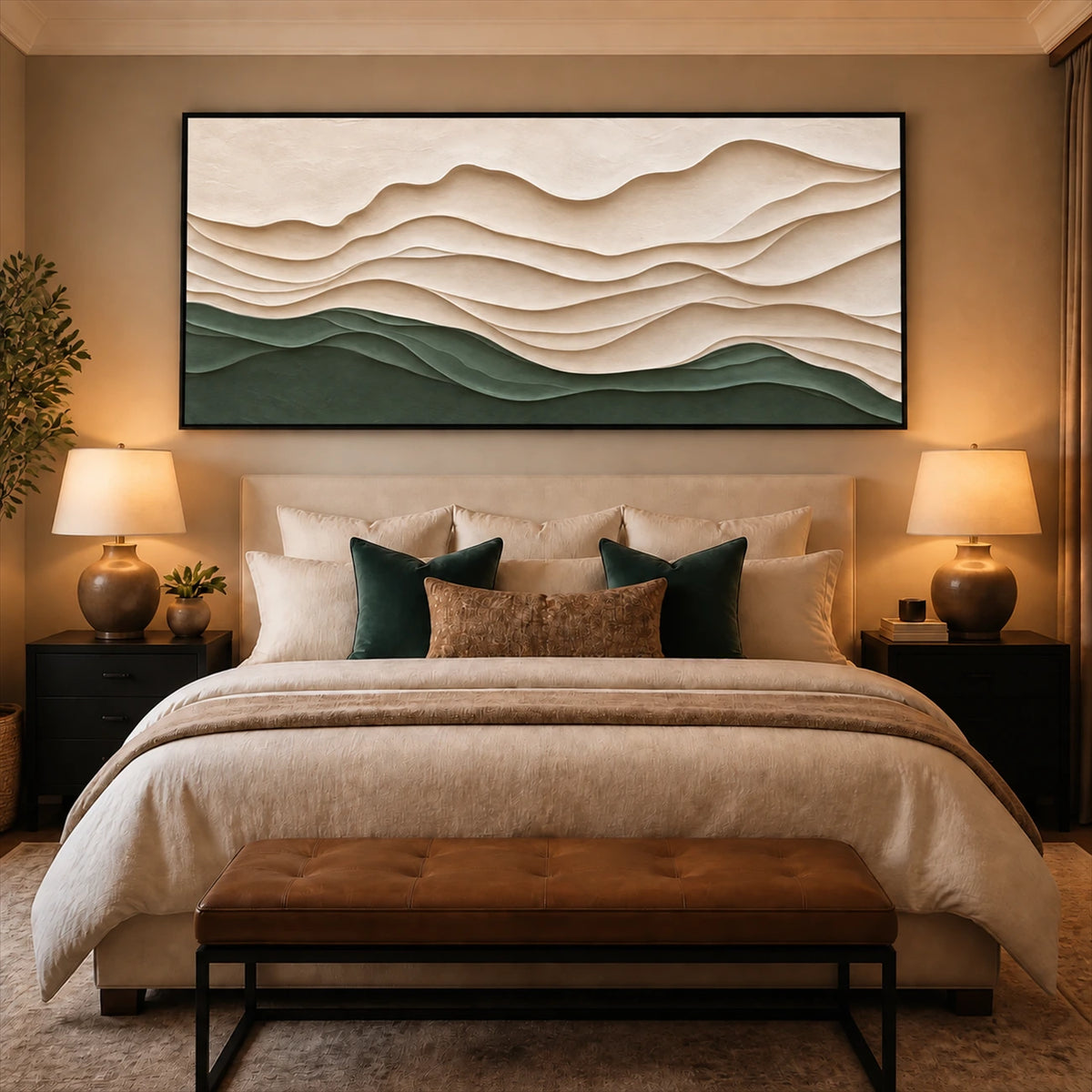 Sage Contours painting above a bed with green accent cushions.