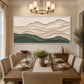 Sage Contours painting above a long dining table beneath a chandelier.