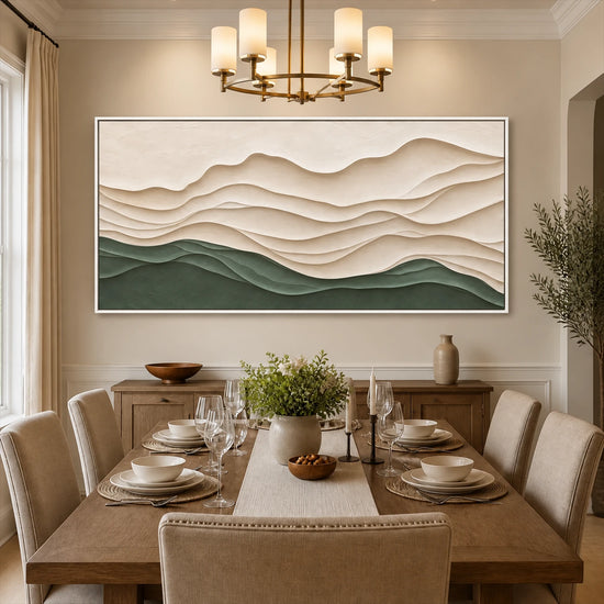 Sage Contours painting above a long dining table beneath a chandelier.