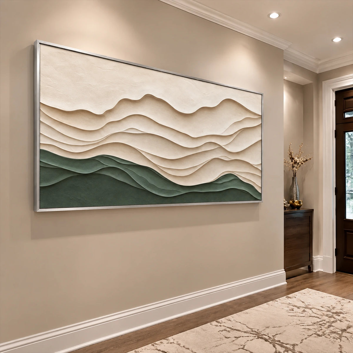 Sage Contours painting along a softly lit hallway wall.