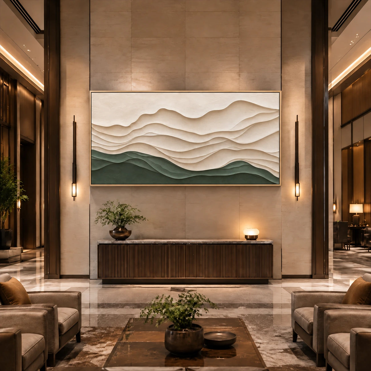 Sage Contours painting above a wooden console in a tall lounge.