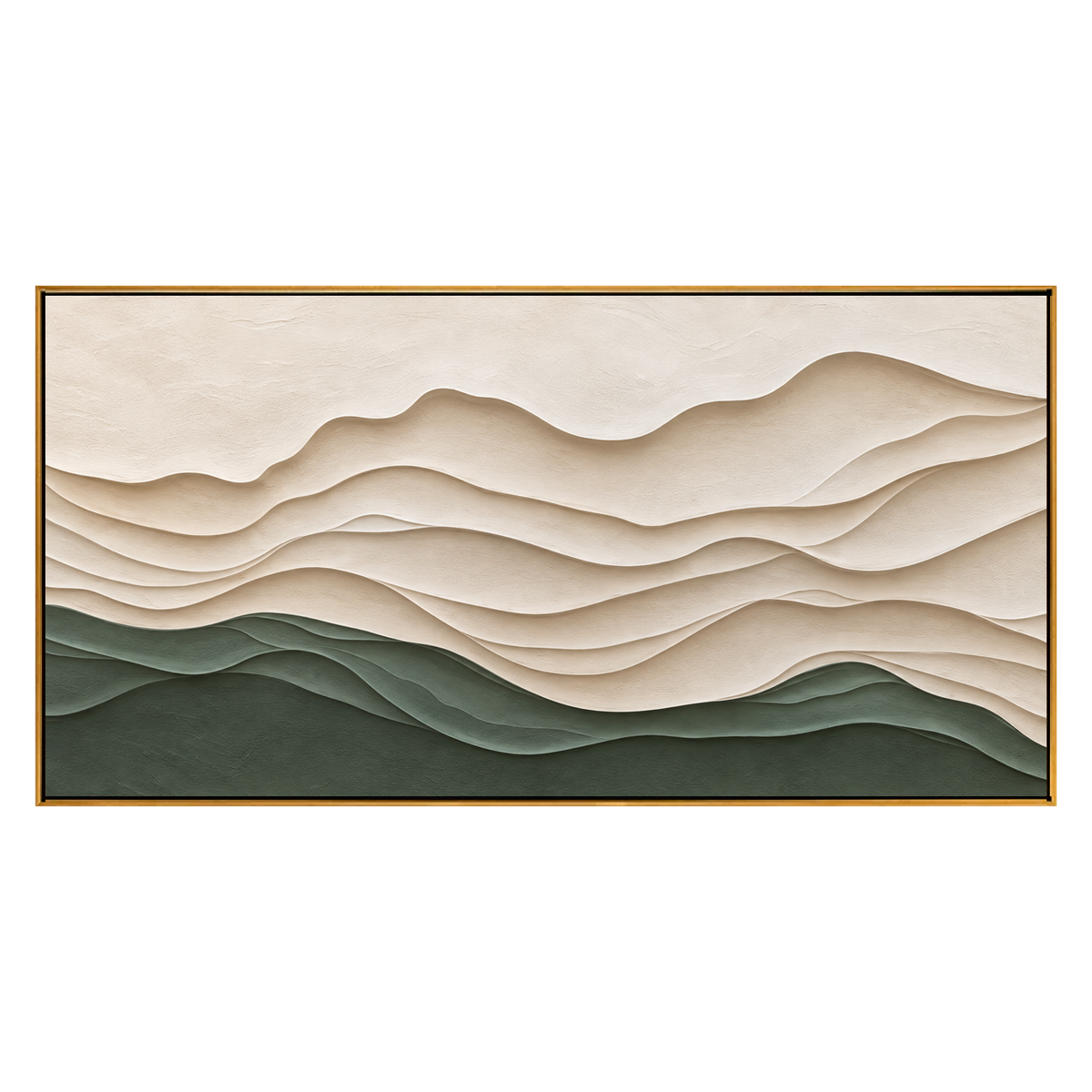 Sage Contours panoramic artwork in a natural wood frame on a transparent background.