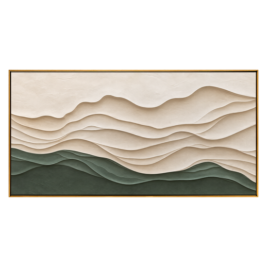 Sage Contours panoramic artwork in a natural wood frame on a transparent background.